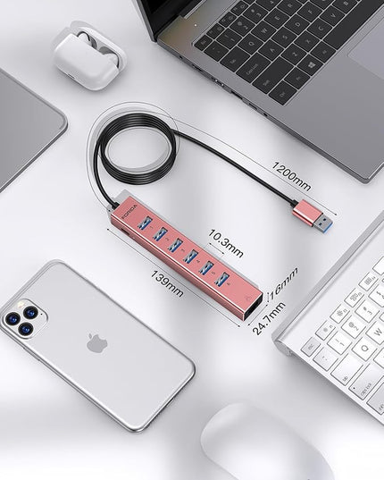 Aluminum USB 3.0 Adapter USB to Ethernet HUB with 120CM Long Cable for Laptop USB Extender with Gigabit Ethernet Port and 5V/3A Power Port 7 Ports USB Hub for iMac PC Flash Drives (Rose Gold)