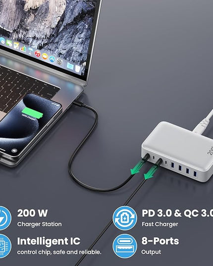 USB C Charger 200W USB C Charger Block,Upgraded GaN III 8-Port Fast Charging Station Hub,PD 65W Laptop Charging Adapter Compatible with MacBook Pro/Air,DELL,Steam Deck,iPhone 16/15/14,Galaxy S23/22