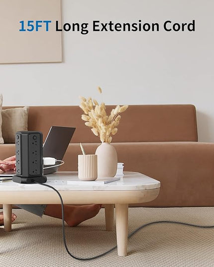 Surge Protector Power Strip Tower with USB Ports, 15 FT Extension Cord Tower with 16 Widely Spaced Outlets 4 USB Ports, 1080 Joules, Overload Protection, Flat Plug Power Strip for Home, Office, Black