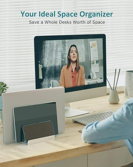 Vertical Laptop Stand - SPACEMax Adjustable GRIPLock Anti-Tip Silicone 4 Slots Aluminum Desktop Holder - Double Dock Stand - 2 Phone Slots Fits Up to 17.3” Laptops, Tablets, Phones - Silver
