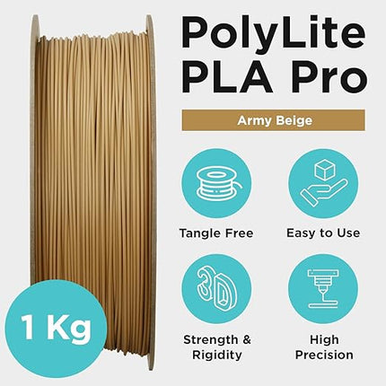 Polymaker PLA PRO Filament 1.75mm Army Beige, Powerful PLA 3D Printer Filament 1kg - PolyLite 1.75 PLA Filament PRO Tough & High Rigidity 3D Printing Filament Army Beige