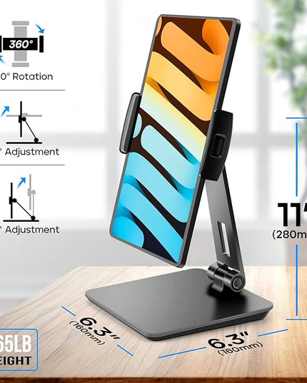 ROADOM Tablet Stand, Adjustable 360° Swivel Bracket, 180° Tiltable Clamp,Foldable Tablet Holder for 4.7-17.3'' iPhone/iPad/Tablet/Portable Monitor, Aluminum Alloy, Black