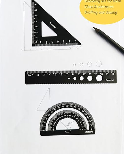 Zotemo Metal Geometry Set, 5-Piece Aluminum Ruler, Math Drafting Ruler Kit Includes Protractor, Triangle Rulers, Straight Rulers-Math Measurement Tools for School and Office Supplies (Black)
