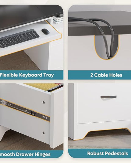 Bestier 59” Computer Desk with 4 Drawers, Office Desk with Storage, Modern Executive Desk with Charging Station, Keyboard Tray & Wooden Pedestals on Both Sides for Home Office & Studio, White