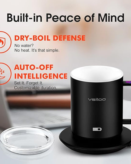 Vsitoo S3 12oz Heated Mug - Temperature Control Smart Mug with Mug Warmer, Perfect for Espresso, Auto-Sensing AI Heats Drinks to 120-150°F Hands-Free.Ideal for Home/Office/Gifts，White