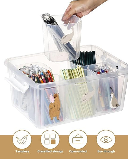 loobuu 17QT Plastic Storage Bins with Lids - 1 Pack Art Craft Supply Organizer Box with Brush Pot for Kids, Stackable Clear Pen Container for Toy/Sewing/Comestic/Tool/Playdoh (1 Pack)