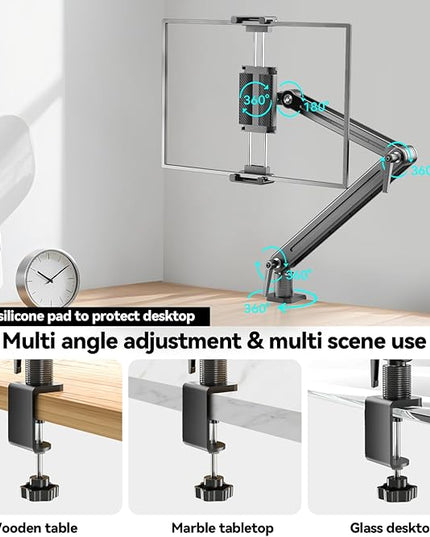 Portable Monitor Stand Desk Holder- Large Clamp support up to 12.9 14.6 15.6 18.5 inch 360° Rotating Base Swivel Tall Desk Arm Mount for iPad Pro/Mini/Air/Surface Strong Bearing Weight over 5.5lbs
