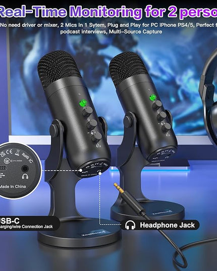 ZealSound Podcast Microphone, Podcast Equipment Bundle for iPhone PC iPad Android, Dual Wireless USB Mic 2.4GHz with Noise Reduction, Tap to Mute, Monitor Gain for Streaming, Recording, YouTube,TikTok