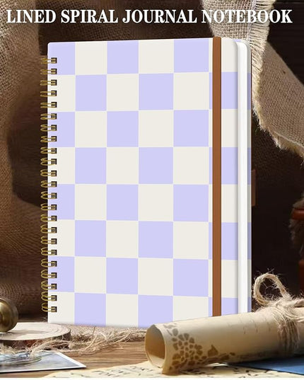 Spiral Journal Notebook for Women, Hardcover A5 College Ruled Notebook, 60 Sheet, Thick Paper, Cute Lined Journal for School, Office & Work, 6 x 8.4 in(Pastel Purple Checkered)