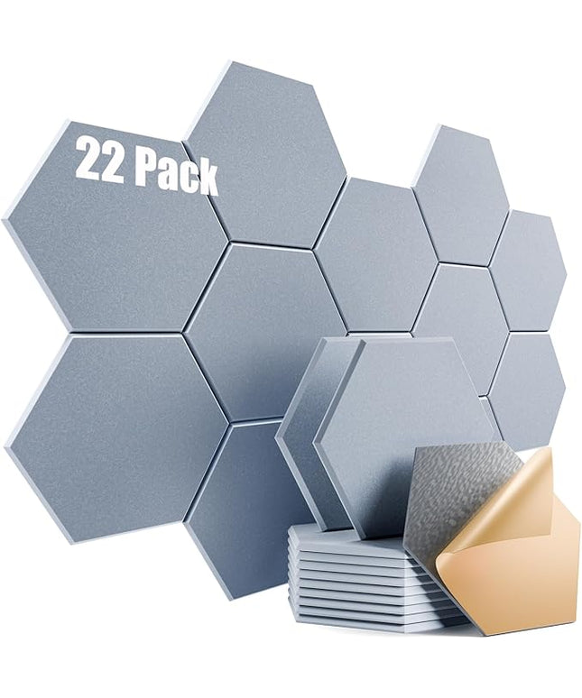 22 Pack Self-adhesive Acoustic Panels 12" X 10" X 0.4" - Sound Proof Foam Panels with High Density, Stylish Hexagonal Design, Flame Resistant, Absorb Noise and Eliminate Echoes(Smoky Gray)