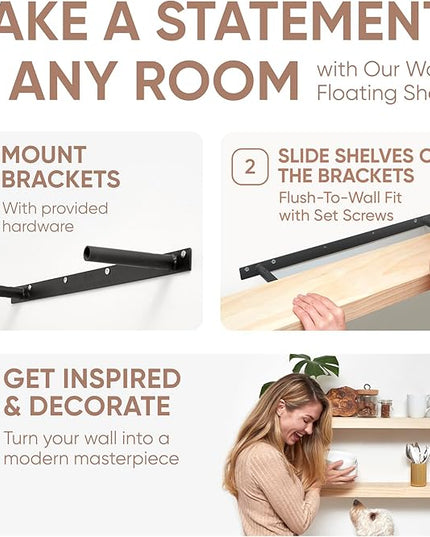 Homeforia 42 inch Wood Floating Shelf, High End Solid Natural Wood 42inch Large Floating Shelves for Wall Mounted, Unfinished Wooden Floating Shelves, Heavy Duty Bracket, 42 X 6.5 X 1.75 in, Set of 2