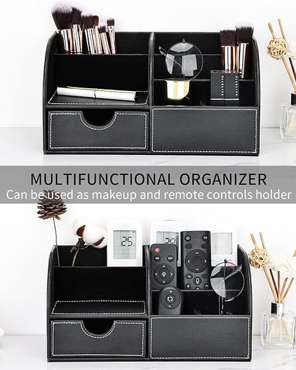 KINGFOM Pu Leather Desk Organizer Pen Pencil Holder Office Supplies Caddy Storage Box 6 Compartments with Drawer Black