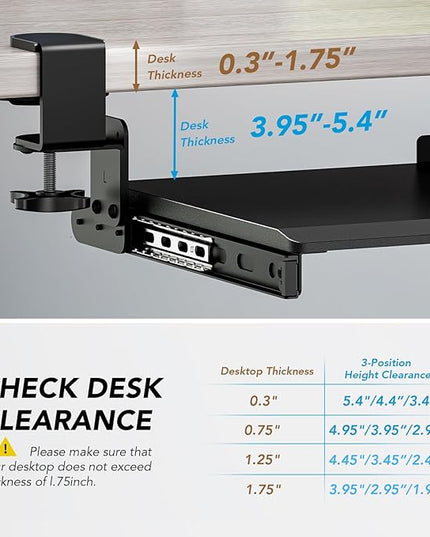 AX WABER Keyboard Tray Under Desk Pull Out with Extra Sturdy Adjustable C Clamp Mount System, 27.3 (32.5 inch Including Clamps) x 11 Inch Slide-Out Platform Computer Drawer for Typing, Black,AX01WB01