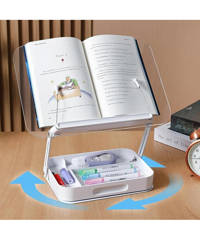 ZOEY Acrylic Book Stand for Reading Adjustable Book Holder with 360 Rotating Base and Storage Foldable Desktop Riser Stand for Cookbook Laptop Tablet Textbook Music Score with Page Clip 13.4x9.3x2.8in