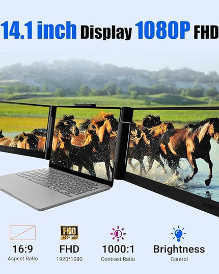 Laptop Screen Extender 14 inch Laptop Monitor Extender 1080P IPS, Triple Portable Monitor for Laptops 13-17.3" with USB-C DP/HDMI Port, Plug-Play Portable Screen for Windows/Mac/Chrome/Android