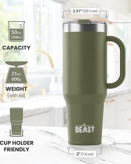 Beast 50 oz Tumbler with Handle Stainless Steel Vacuum Insulated Coffee Ice Cup Double Wall Travel Flask (Army Green)