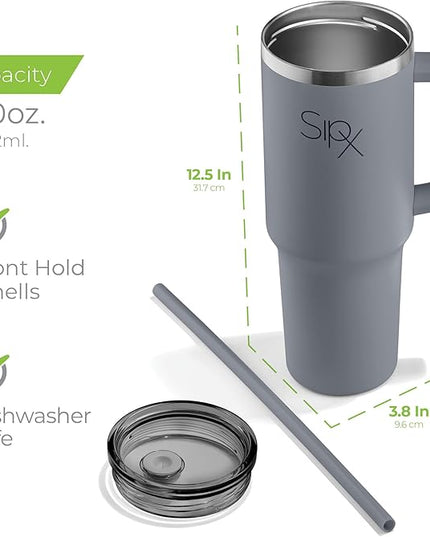SIPX™ 40 oz Insulated Tumbler with Handle & Straw – Vacuum Insulated Stainless Steel, Leakproof, Cupholder Friendly – Perfect for Iced Coffee, Water & Travel – Grey