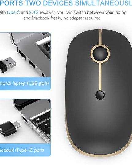 VssoPlor Type C Wireless Mouse USB C Rechargeable Portable Quiet Laptop Mouse USB and Type C Receiver Dual Mode Mice for PC, Laptop, MacBook, Tablet-Black Gold