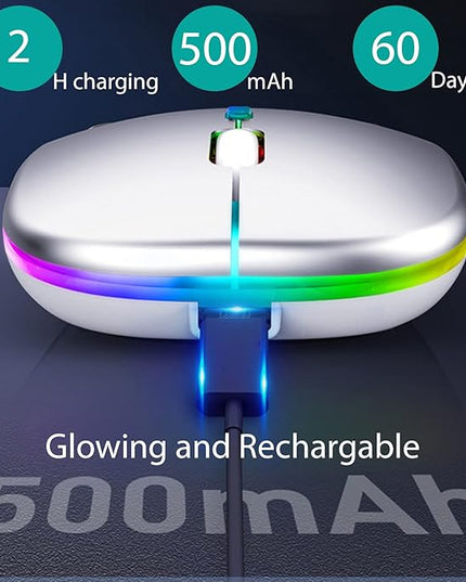 Q&F Tech Wireless Bluetooth Rechargeable Mouse/Mice, LED Slim Two Modes(2.4G+BT5.4) Silent/Quiet Buttons with 3 Adjustable DPI, for Computer/Desktop/PC/Laptop/MacBook/iPad/Tablet/iPhone_Silver