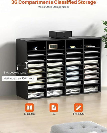 VEVOR Wood Literature Organizer, 36 Compartments, Mailboxes Slot with Removable Shelves, File Sorter for Office, Home, Classroom, or Mailrooms Organization, Black