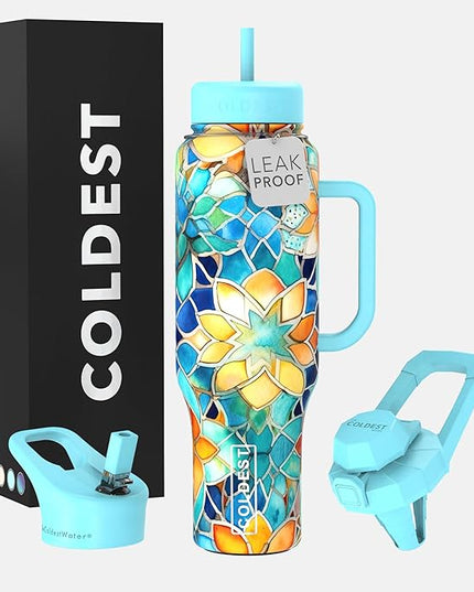 Coldest Tumbler with Handle and Straw, 100% Leak Proof Insulated Tumbler with Lid and Straw (3 Lids), Stainless Steel Tumblers for Women & Men, Cup Holder Friendly, 46 oz (Morrocan Vibes)