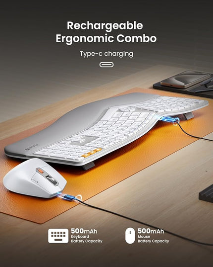 ProtoArc Ergonomic Wireless Keyboard Mouse, EKM01 Plus Full Size Ergo Bluetooth Keyboard Mouse Combo, Split Design, Wrist Rest, Multi-Device, Rechargeable, for Windows/Mac OS - White and Silver