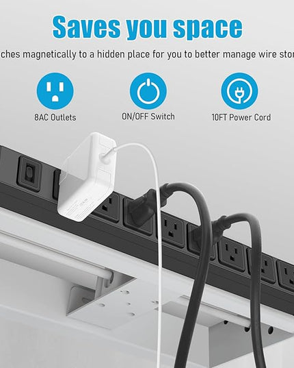 HHSOET Magnetic Mount Power Strip, 8 Outlet Mountable Socket, Metal Heavy Duty Surge Protector, Gaming Table Outlet, Easy to Fix Without Drilling or Taping, 10FT Extension Cord.(Black)