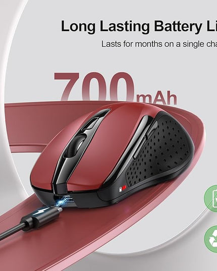 TECKNET Wireless Mouse (BT5.0/3.0 & 2.4G) Rechargeable 4800 DPI Silent USB A & Bluetooth Mouse 6 Buttons, Wide Compatibility - Red