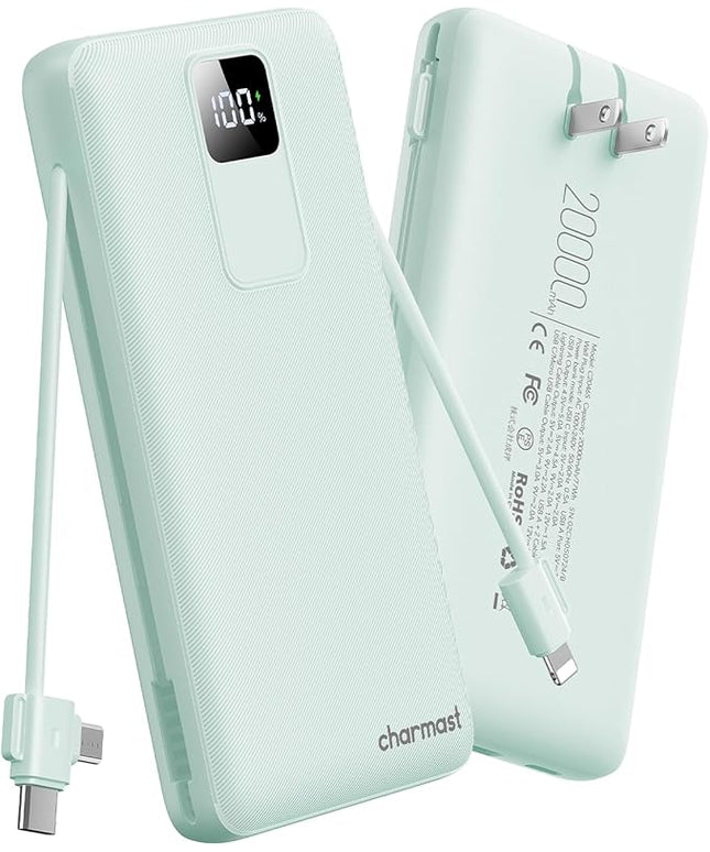 charmast Portable Charger with Built-in Cables and Wall Plug, 20000mAh 20W USB C Power Bank Fast Charging Battery Pack Compatible with iPhone iPhone 16/15/14/13 Series, Samsung Google iPad etc