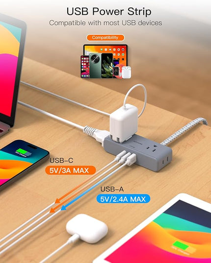 Extension Cord 15 ft, BESHON Flat Plug Power Strip, Long Power Strip, 4 Widely Outlets with 3 USB Ports (2 USB C), Extension Cord with Multiple Outlets for Home, Office, Dorm Room Essentials Gray