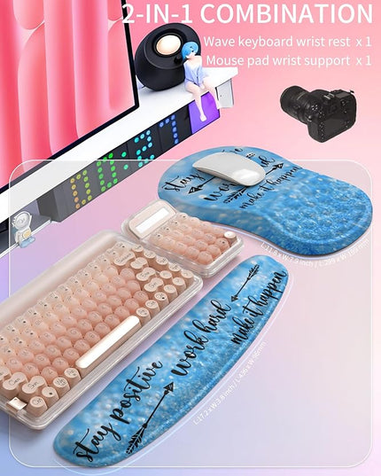 Hokafenle 2in1 Combination, Wave Keyboard Wrist Rest and Ergonomic Curvature Mouse Pad Wrist Support for Relieve Wrist Pain, Filled with Soft Cushion Memory Foam, Stay Positive