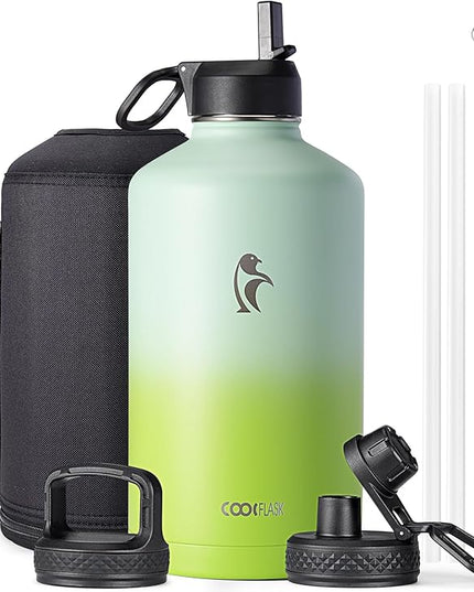 Coolflask 128 oz Gallon Water Bottle Insulated with Straw&3 Lids, Water Jug Large Stainless Steel Metal Vacuum Wide Mouth for Sports, Gym or Office, Non-BPA Keep Cold 48H Hot 24H, Ombre Green
