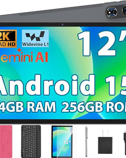 2026 12 Inch Tablet, Android 15 Tablet with Keyboard, 24GB RAM, 256GB ROM, 2TB Expand, 2000x1200 Screen, Octa-Core, 8+16MP Camera, 8000mAh, 5G Wifi, 2K Tablet with Case, Stylus, Mouse (Pink Case)