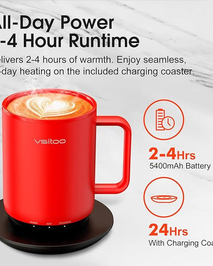 Vsitoo S3 Plus 14oz Heated Coffee Mug - Temperature Control Smart Mug with Mug Warmer, Auto-Sensing AI Heats Drinks to 120-150°F Hands-Free.Ideal for Home/Office/Gifts，Red
