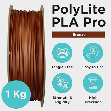 Polymaker PLA PRO Filament 1.75mm 1kg, Tough & High Rigidity Metallic Bronze 3D Printing Filament, PolyLite PLA PRO 3D Printer Filament 1.75mm, Print with Most 3D Printers