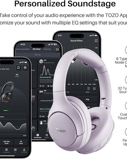 TOZO HT2 Hybrid Active Noise Cancelling Headphones, Wireless Over Ear Bluetooth Headset, 60H Playtime, Hi-Res Audio Custom EQ via App Deep Bass Comfort Fit Ear Cups, for Home Office Travel