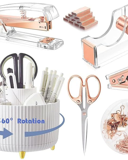 Desk Organizers and Accessories Set with 360-Degree Rotating Pen Holder, Acrylic Stapler, Tape Holder, Staple Remover, Binder/Paper Clips Kit, Scissor and 1 Box of Staples