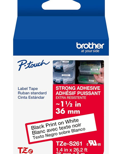 Brother Genuine P-Touch TZE-261 Tape, ~1 1/2" (36 mm) Standard Laminated P-Touch Tape, Black on White, for Indoor or Outdoor Use, Water-Resistant, 26.2 ft (8 m), Single-Pack