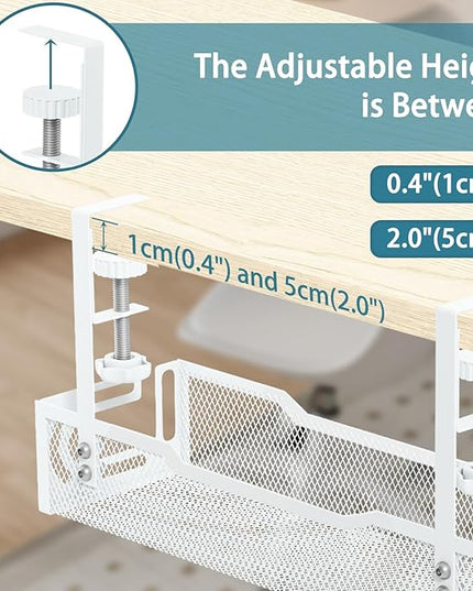 2Pack Under Desk Cable Management Tray, No Drill Mesh Desk Cable Tray, Wire Management Tray Cable Management Rack, Wire Organizer and Cable Management Box (White)