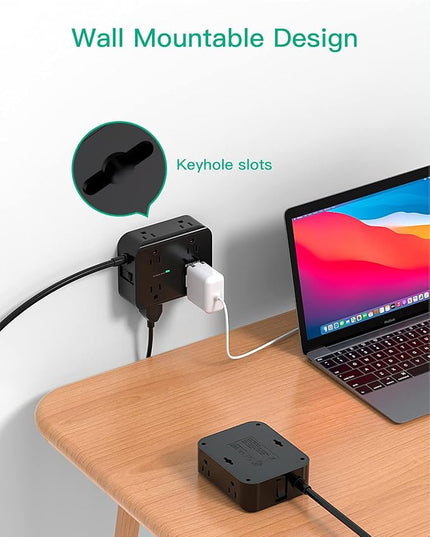 Extension Cord 10 FT, Flat Plug Power Strip Surge Protector with 8 Wide Outlets 4 USB Ports, 3-Side Outlet Extender, Mounted, Overload Protection, for Indoor Home Office, Dorm Room Essentials