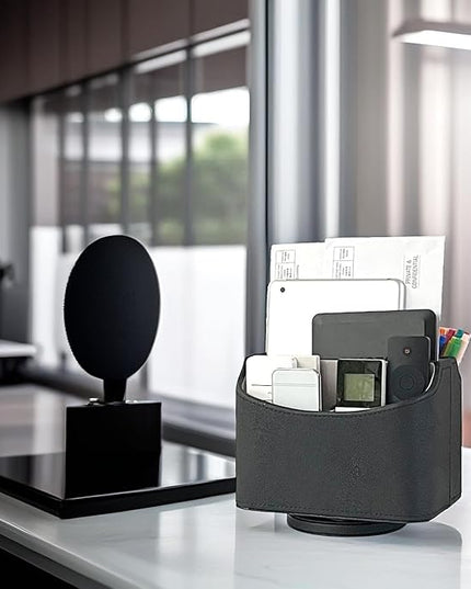 UnionBasic Rotating Desk Organizer, 360 Degree Desk Spinning Caddy, Desktop TV Guide/Mail/Media/Remote Controller Holder Organizer,Fishskin Black