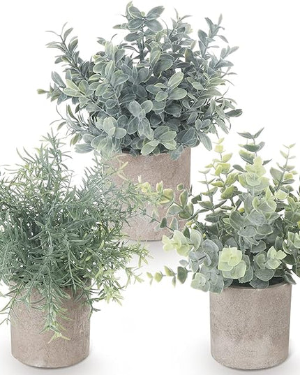 Fake Plants,3 Pack Small Artificial Plants Indoor Mini Potted Faux Plants For Home Decor,Eucalyptus Greenery Plastic Green Grass Fake Plants for Shelves Desk Bathroom Bedroom Farmhouse Shelf Decor
