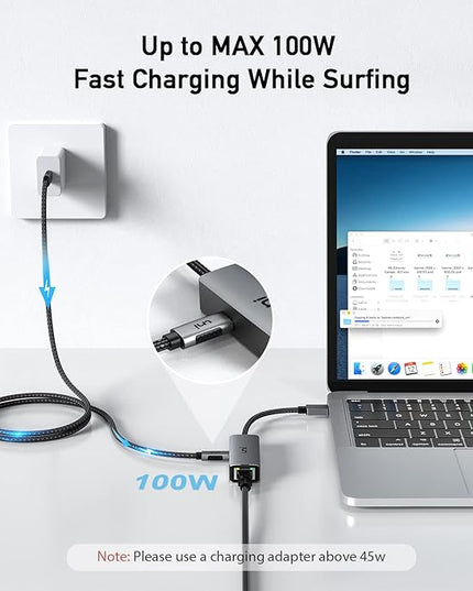 uni USB C to Ethernet Adapter with 100W Charging Port, RJ45 to USB C 1Gbps Type-C Gigabit Ethernet LAN Network Adapter Power Delivery PD for Laptop, MacBook Pro/Air, Dell XPS, Chromebook, Surface book