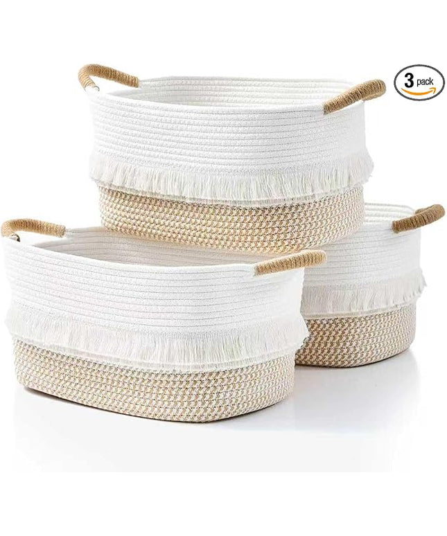 Storage Bins Woven Baskets for Storage Set of 3, Cotton Rope Basket with Handles for Toys/Shelves/Laundry, Rectangle Multi-Purpose Organizer for Living Room, Bedroom, Nursery (White/Brown)