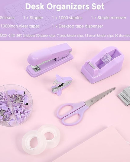 SKYDUE Purple Desk Accessories, Purple Office Supplies Set, Stapler, Tape Dispenser, Scissors, Binder/Paper Clips and 1000pcs Staples,Office Supplies for Women