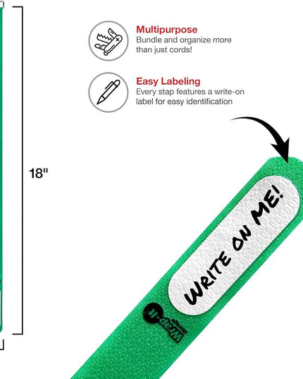 Wrap-It Storage Cinch-Straps, 18" 12 Pack (Green), Features Buckle and Write on Label for Easy Cord Identification and Cable Management, Reusable Multi-Purpose Securing Cinch Straps