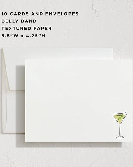 Minted Martini Stationery Set, Set of 10, Flat Note Cards & Envelopes for Invitiations and Handwritten Thank You Messages, Martini Design & Green Checkerboard Back, Gifts for Women, Luxurious Paper