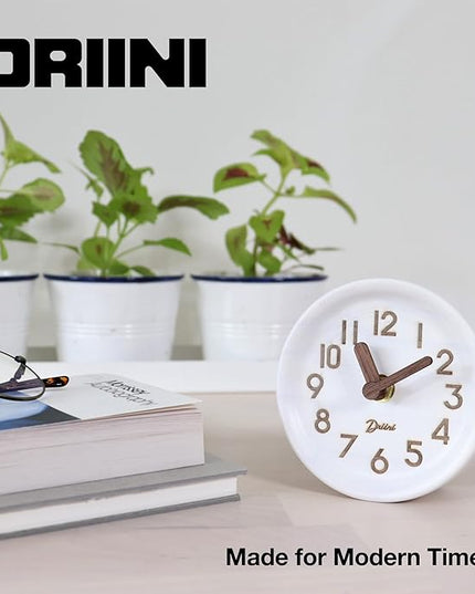 Driini Wooden Analog Desktop Clock – 4.3 in. Decorative Pinewood, No-Tick Design – Easy to Read Silent Sweep Mantle Clock – Quiet Tabletop Clocks with Wood Body, Hands, & Battery Cover; White