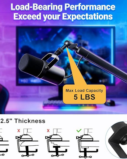 Microphone Boom Arm - Heavy Duty Low Profile Metal Mic Arm Stand with Desk Clamp & Cable Management, 360° Rotatable, Fits Shure SM7B/MV7, Blue Yeti, Fifine AM8, AT2020 for Podcasting & Gaming