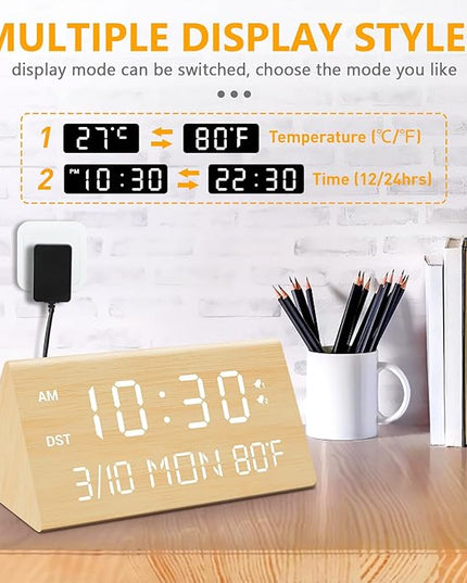 Kogonee Wooden Digital Alarm Clock, 0-100% Dimmer, 2 Alarm Settings, Weekday/Everyday Mode, 9 Mins Snooze, 12/24H, Temperature and Date Display for Office, Travel, Bedroom Alarm Clock (Bamboo)